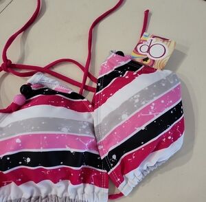 OP Pink, Black, Gray & White Striped Bikini Top